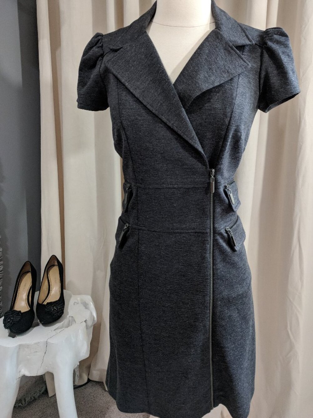 LAUNDRY BY DESIGN Dark Gray Moto Style Asymmetric Zippered Dress Size 2